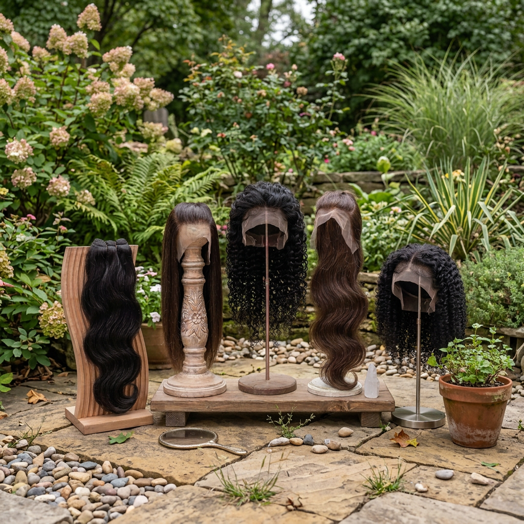 Elegant lace front wig display collection Five different styled lace front wig bundles displayed on stands with decorative flowers and pearls